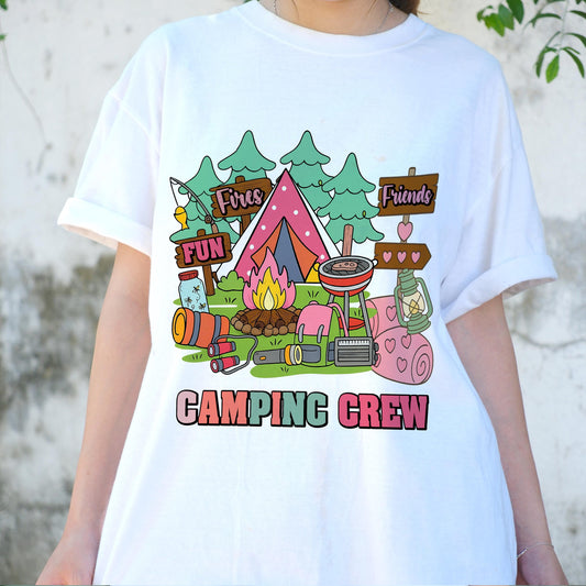 Camping Crew Shirt for Girls, Cute Tent Fire Lantern BBQ Camping T-Shirt, Friends Fun Camp Graphic Tee, Outdoors Summer Camp Shirt