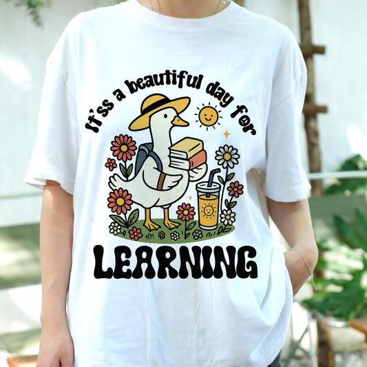 Cute Duck Back to School Shirt, It's a Beautiful Day for Learning Teacher Tee, Student Gift Shirt, First Day of School Graphic Tee