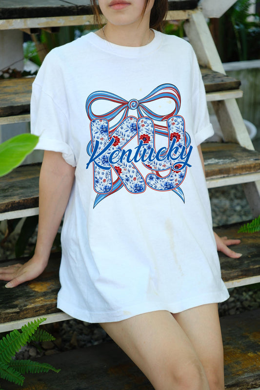 Kentucky KY Shirt Floral Patriotic Bow Gildan 5000 Tee, USA State Pride Shirt, 4th of July Gift, Kentucky Lover Shirt, Summer T-Shirt