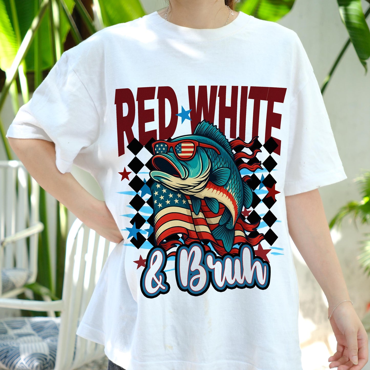 Red White & Bruh Fishing Shirt, 4th of July Patriotic Bass Tee, American Flag Sunglasses Fish Shirt, Funny USA Independence Day Gift