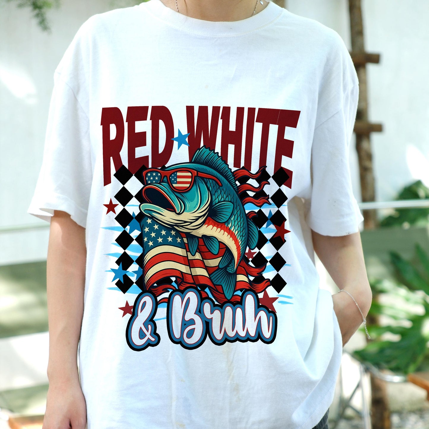 Red White & Bruh Fishing Shirt, 4th of July Patriotic Bass Tee, American Flag Sunglasses Fish Shirt, Funny USA Independence Day Gift