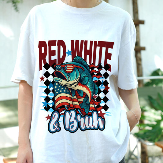 Red White & Bruh Fishing Shirt, 4th of July Patriotic Bass Tee, American Flag Sunglasses Fish Shirt, Funny USA Independence Day Gift