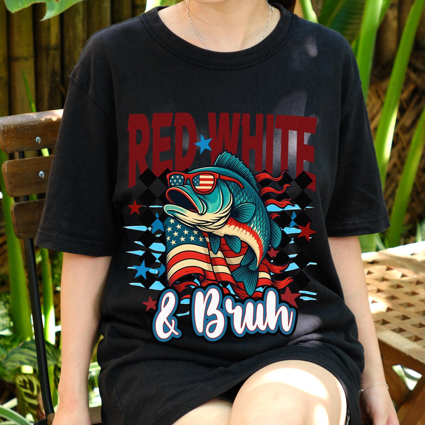 Red White & Bruh Fishing Shirt, 4th of July Patriotic Bass Tee, American Flag Sunglasses Fish Shirt, Funny USA Independence Day Gift