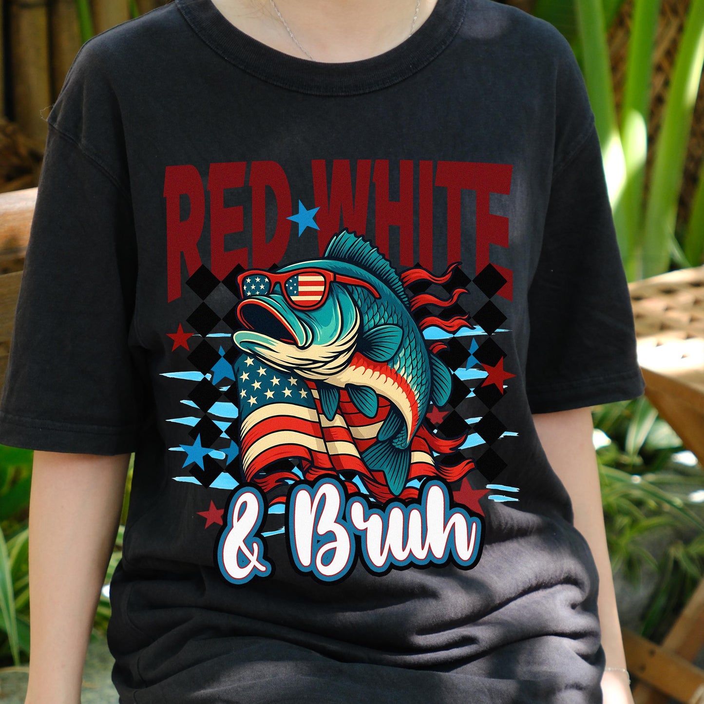 Red White & Bruh Fishing Shirt, 4th of July Patriotic Bass Tee, American Flag Sunglasses Fish Shirt, Funny USA Independence Day Gift