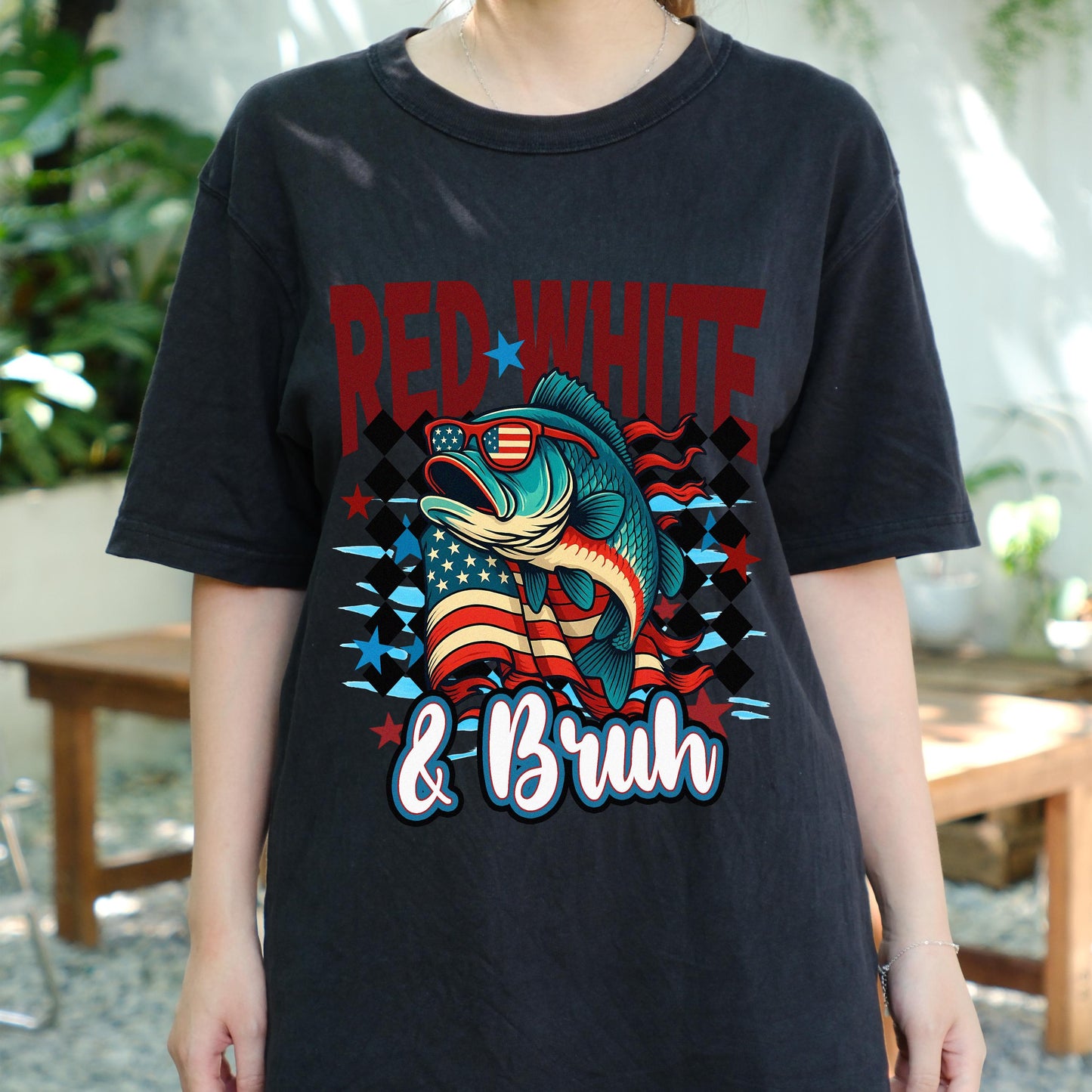 Red White & Bruh Fishing Shirt, 4th of July Patriotic Bass Tee, American Flag Sunglasses Fish Shirt, Funny USA Independence Day Gift