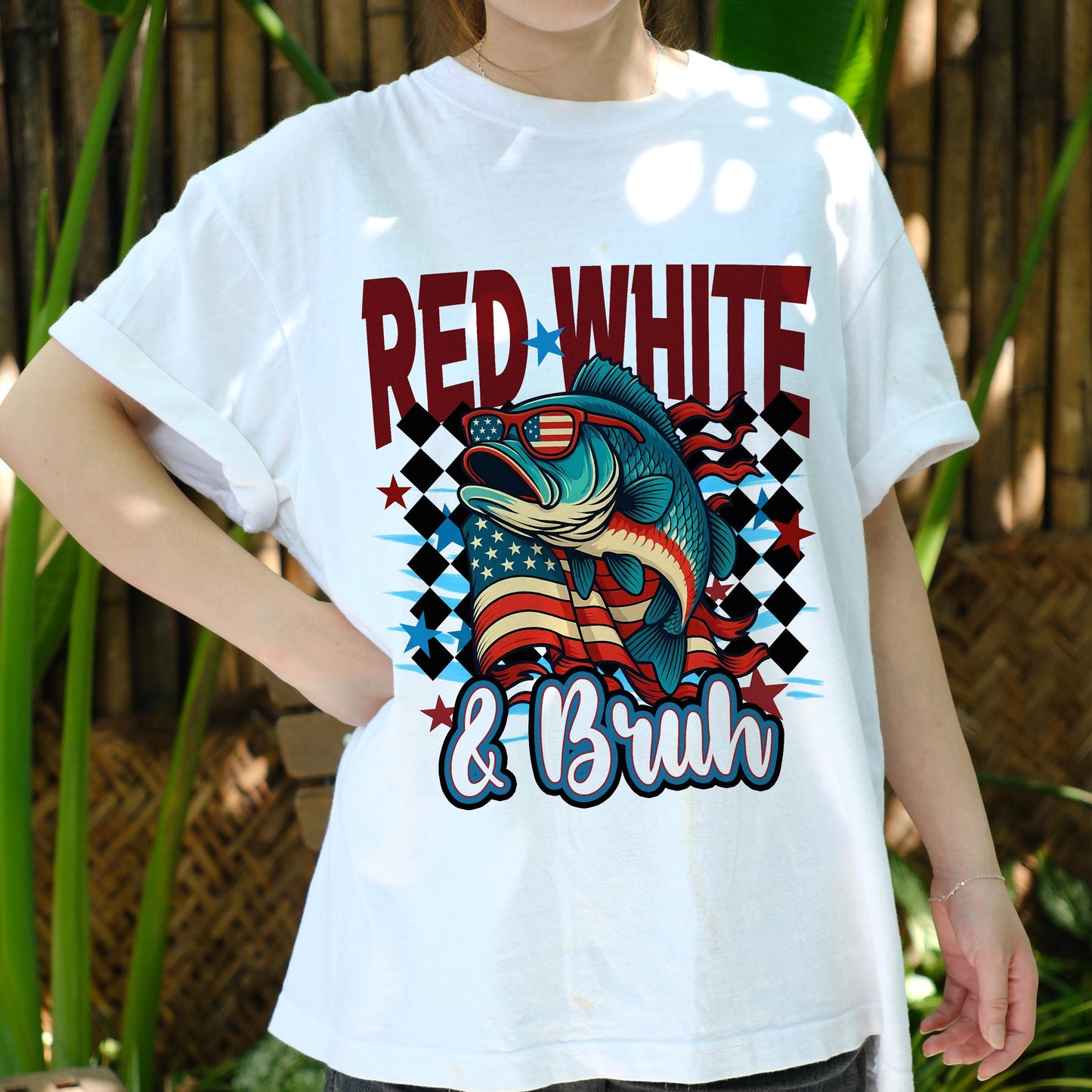 Red White & Bruh Fishing Shirt, 4th of July Patriotic Bass Tee, American Flag Sunglasses Fish Shirt, Funny USA Independence Day Gift