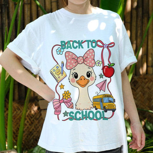 Cute Back to School Duck Shirt, Kawaii Pink Bow Goose Tee for Girls, Teacher Student First Day Shirt, Kids School Bus Graphic T-shirt