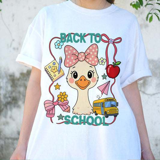 Cute Back to School Duck Shirt, Kawaii Pink Bow Goose Tee for Girls, Teacher Student First Day Shirt, Kids School Bus Graphic T-shirt