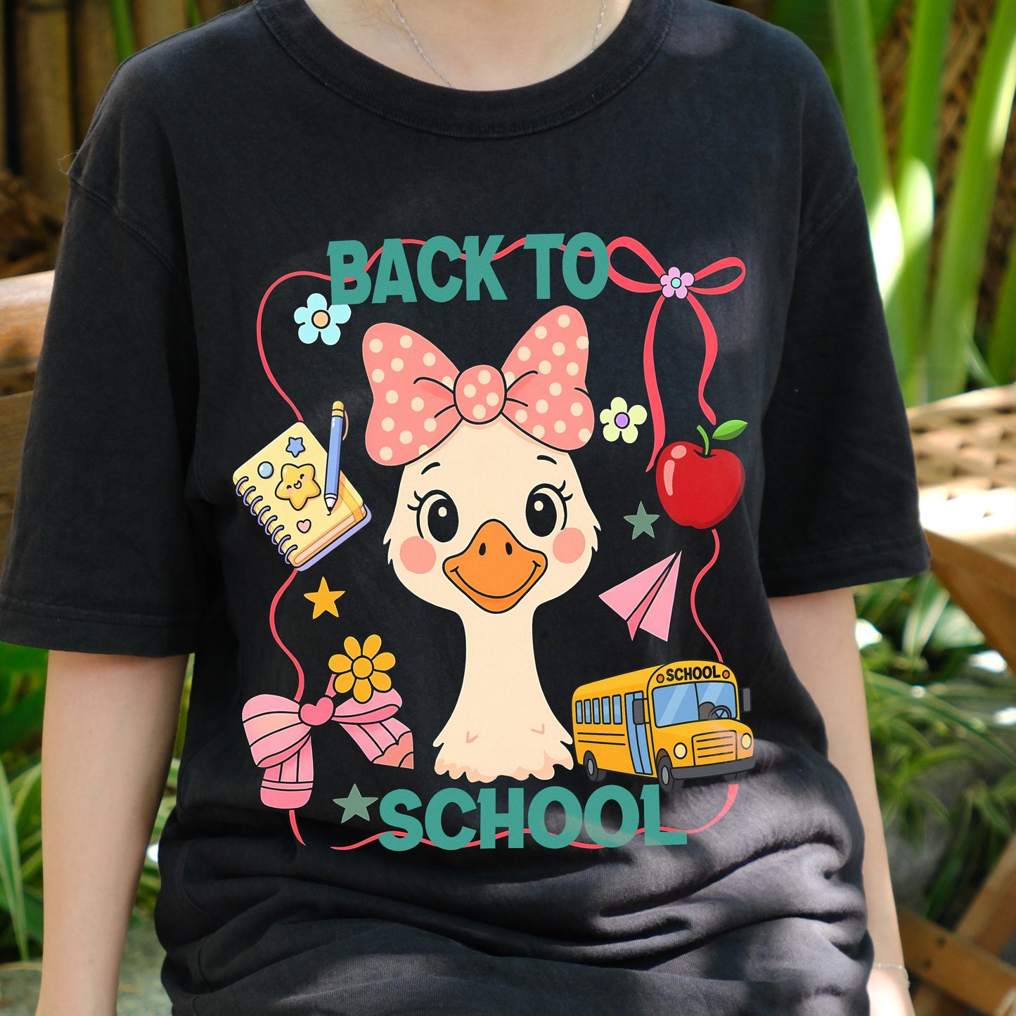 Cute Back to School Duck Shirt, Kawaii Pink Bow Goose Tee for Girls, Teacher Student First Day Shirt, Kids School Bus Graphic T-shirt