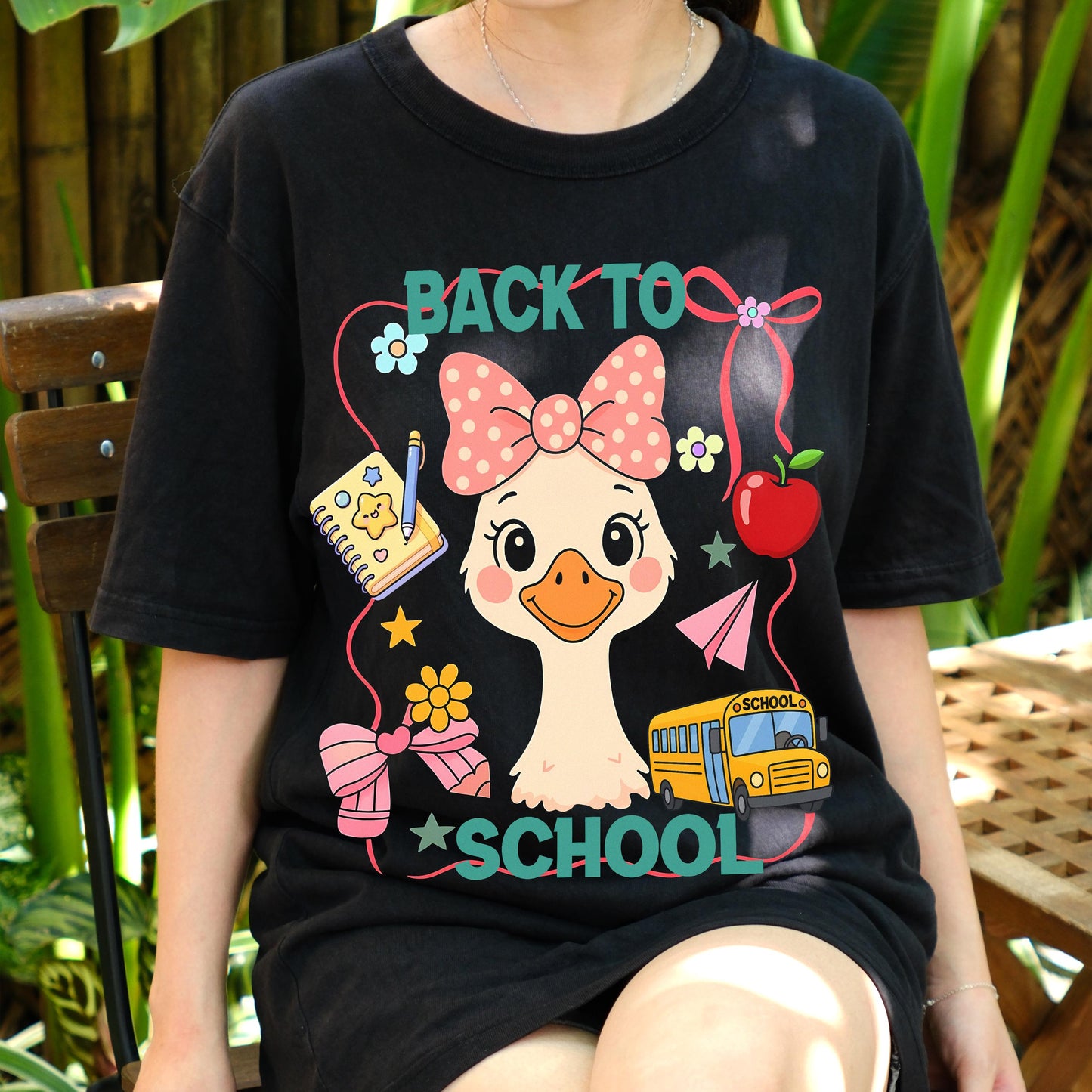 Cute Back to School Duck Shirt, Kawaii Pink Bow Goose Tee for Girls, Teacher Student First Day Shirt, Kids School Bus Graphic T-shirt