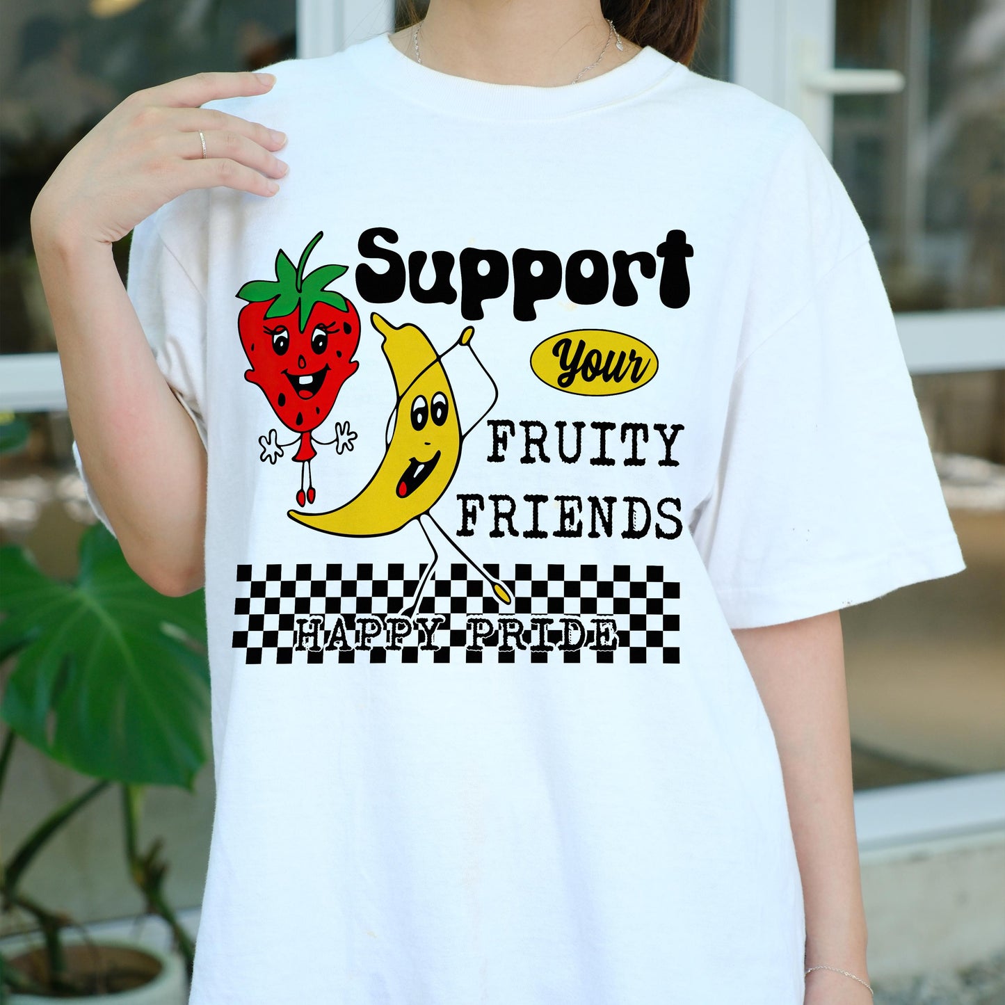 Support Fruity Friends Shirt, Funny LGBTQ Pride Strawberry Banana Tee, Retro Happy Pride T-Shirt, Cute Queer Pride Parade Gift