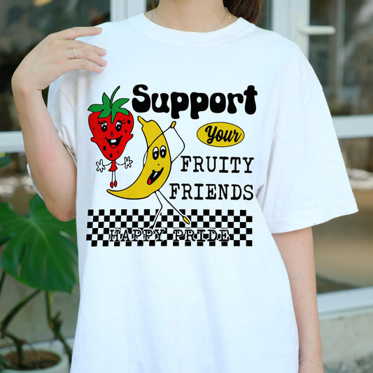 Support Fruity Friends Shirt, Funny LGBTQ Pride Strawberry Banana Tee, Retro Happy Pride T-Shirt, Cute Queer Pride Parade Gift
