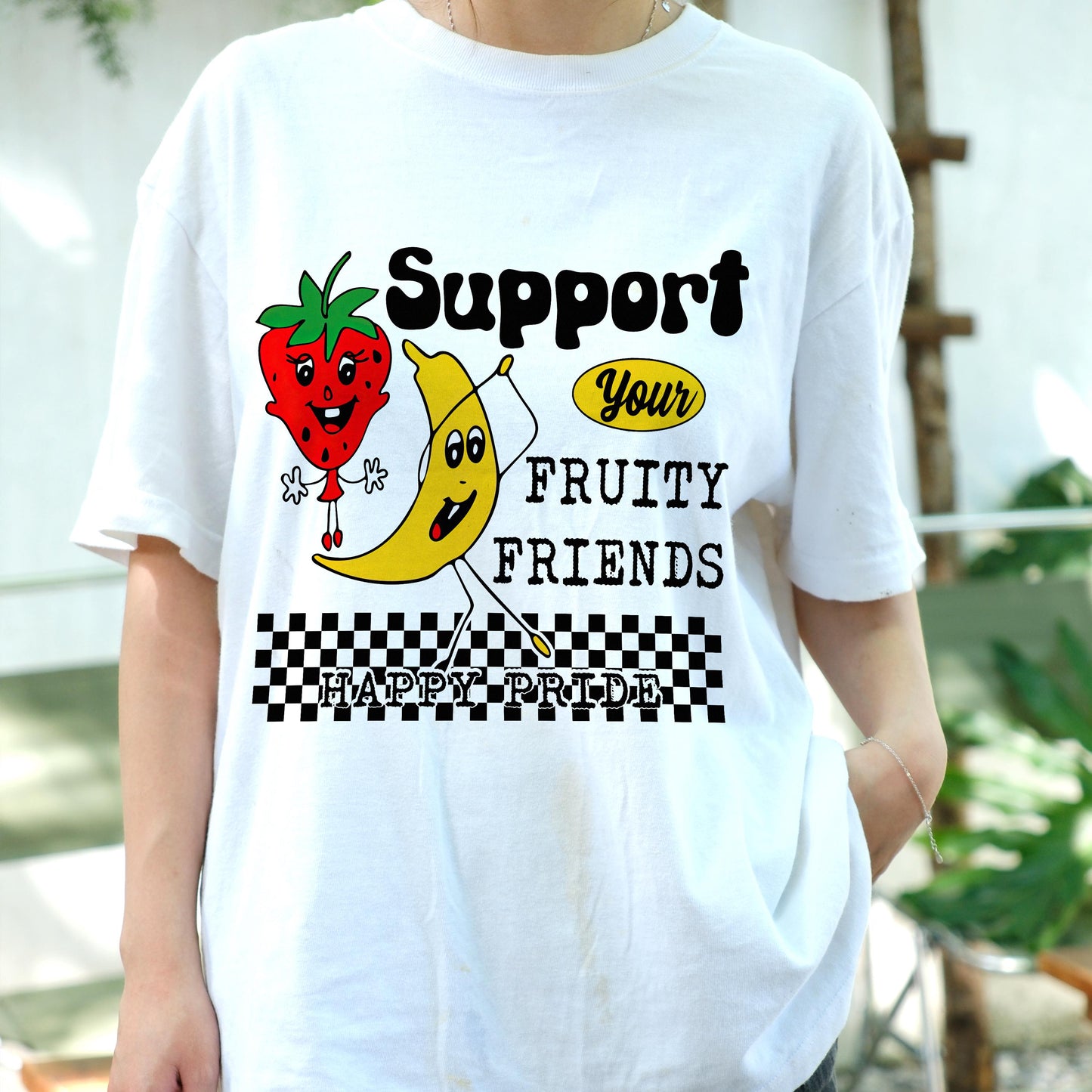 Support Fruity Friends Shirt, Funny LGBTQ Pride Strawberry Banana Tee, Retro Happy Pride T-Shirt, Cute Queer Pride Parade Gift