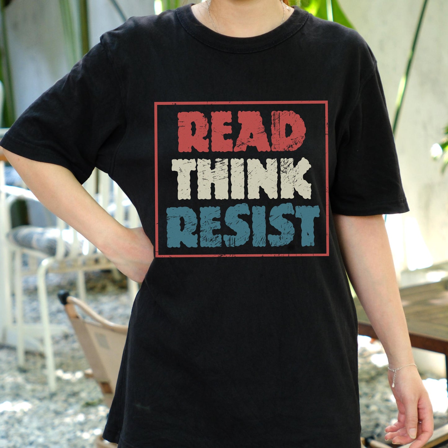 Read Think Resist Shirt, Retro Political Activism Tee, Thought Provoking Protest T-Shirt, Anti-Authoritarian Book Lover Gift