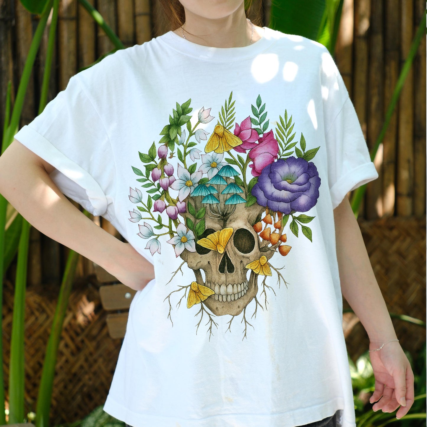 Floral Skull Shirt, Gothic Botanical Skull T-Shirt, Vintage Flowers and Mushrooms Tee, Dark Aesthetic Boho Nature Art Gift Tee