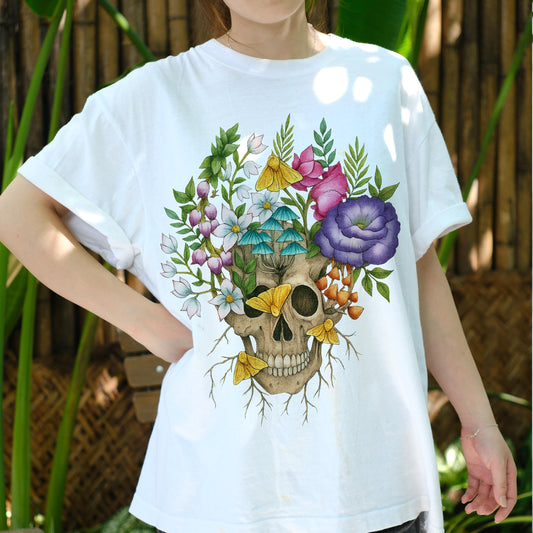 Floral Skull Shirt, Gothic Botanical Skull T-Shirt, Vintage Flowers and Mushrooms Tee, Dark Aesthetic Boho Nature Art Gift Tee