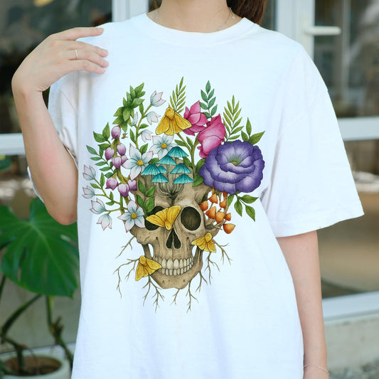 Floral Skull Shirt, Gothic Botanical Skull T-Shirt, Vintage Flowers and Mushrooms Tee, Dark Aesthetic Boho Nature Art Gift Tee