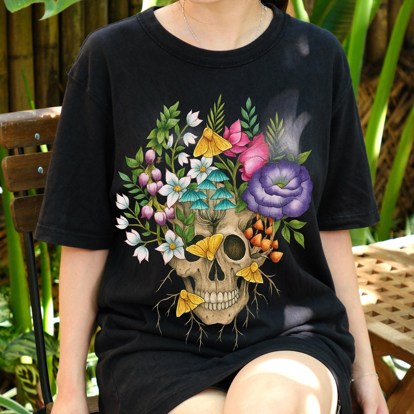 Floral Skull Shirt, Gothic Botanical Skull T-Shirt, Vintage Flowers and Mushrooms Tee, Dark Aesthetic Boho Nature Art Gift Tee