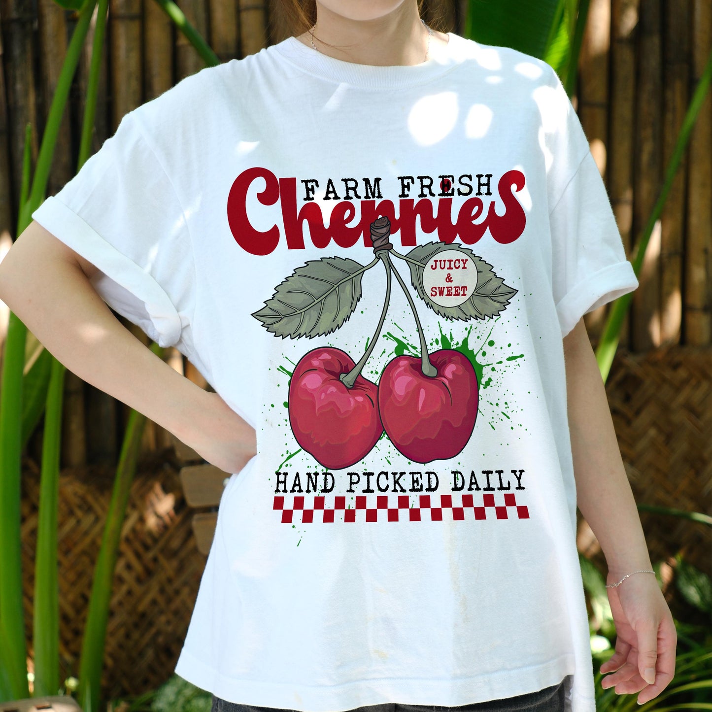 Farm Fresh Cherries Shirt, Juicy Sweet Fruit Tee, Hand Picked Daily Retro Graphic T-Shirt, Summer Farmers Market Vintage Aesthetic Tee