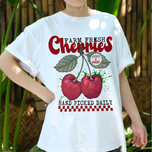 Farm Fresh Cherries Shirt, Juicy Sweet Fruit Tee, Hand Picked Daily Retro Graphic T-Shirt, Summer Farmers Market Vintage Aesthetic Tee