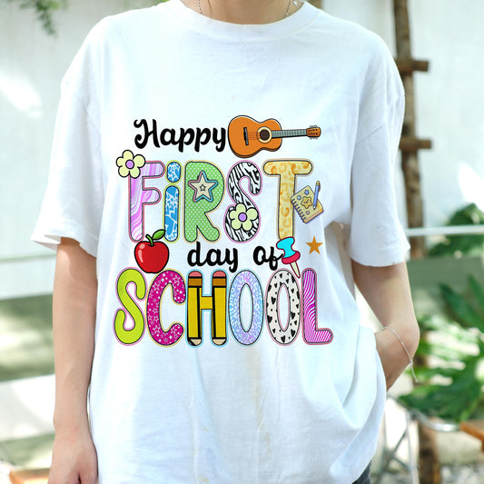 Happy First Day of School Shirt, Back to School T-Shirt for Teachers Kids Students, Cute Colorful School Graphic Tee, First Day Gift