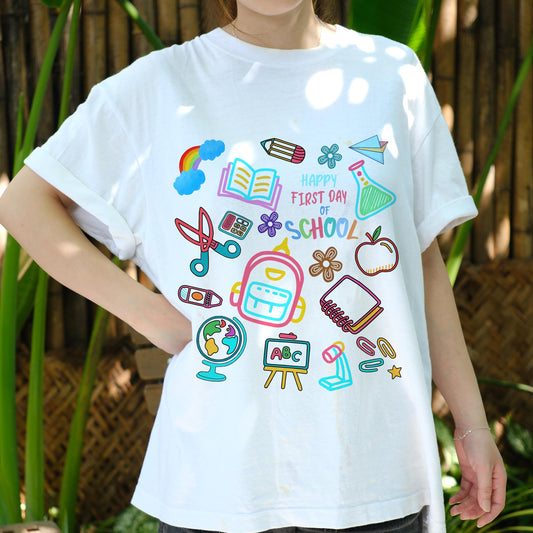 Happy First Day of School Shirt, Back to School Tee with Cute School Supplies Graphic, Teacher Student Gift, Kids Classroom T-Shirt