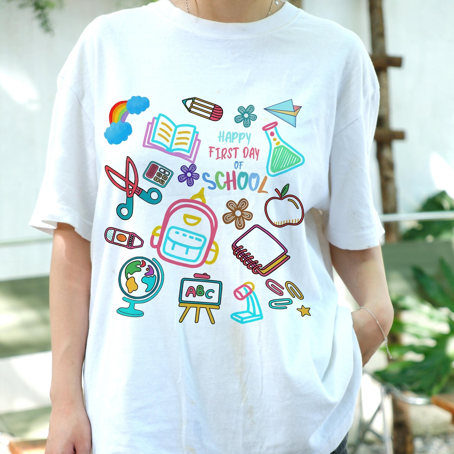 Happy First Day of School Shirt, Back to School Tee with Cute School Supplies Graphic, Teacher Student Gift, Kids Classroom T-Shirt