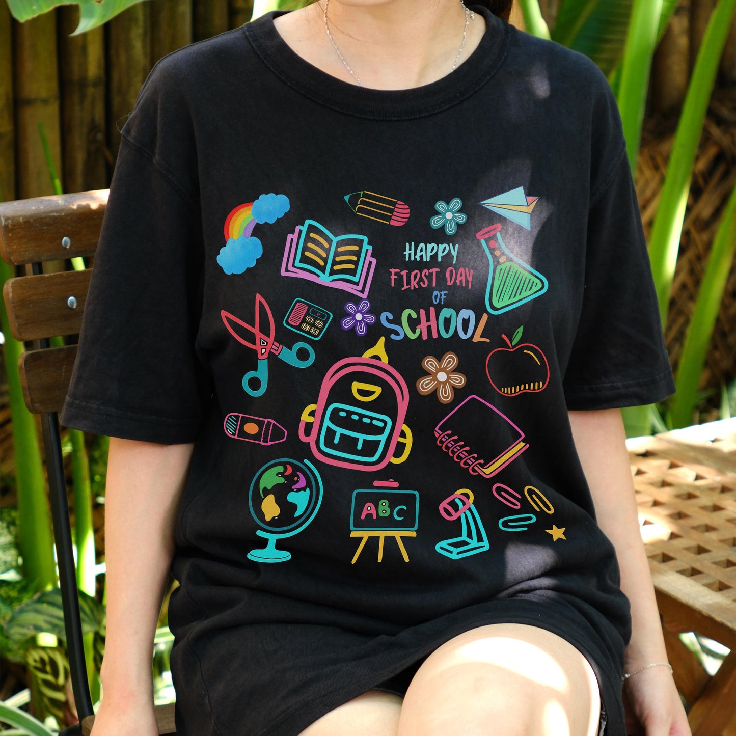 Happy First Day of School Shirt, Back to School Tee with Cute School Supplies Graphic, Teacher Student Gift, Kids Classroom T-Shirt
