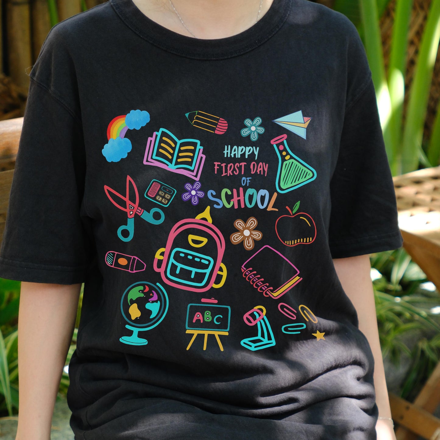 Happy First Day of School Shirt, Back to School Tee with Cute School Supplies Graphic, Teacher Student Gift, Kids Classroom T-Shirt