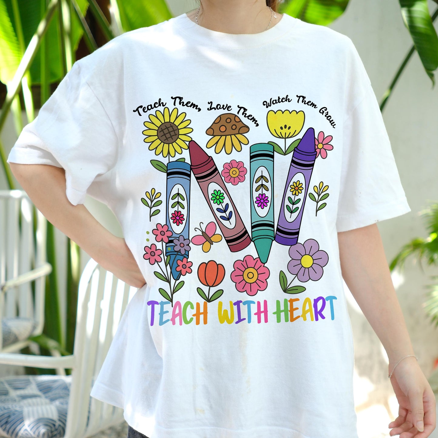 Teach with Heart Shirt, Crayon Floral Teacher T-Shirt, Cute Teacher Gift, Back to School Tee for Women, Teach Them Love Grow Shirt