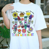 Teach with Heart Shirt, Crayon Floral Teacher T-Shirt, Cute Teacher Gift, Back to School Tee for Women, Teach Them Love Grow Shirt