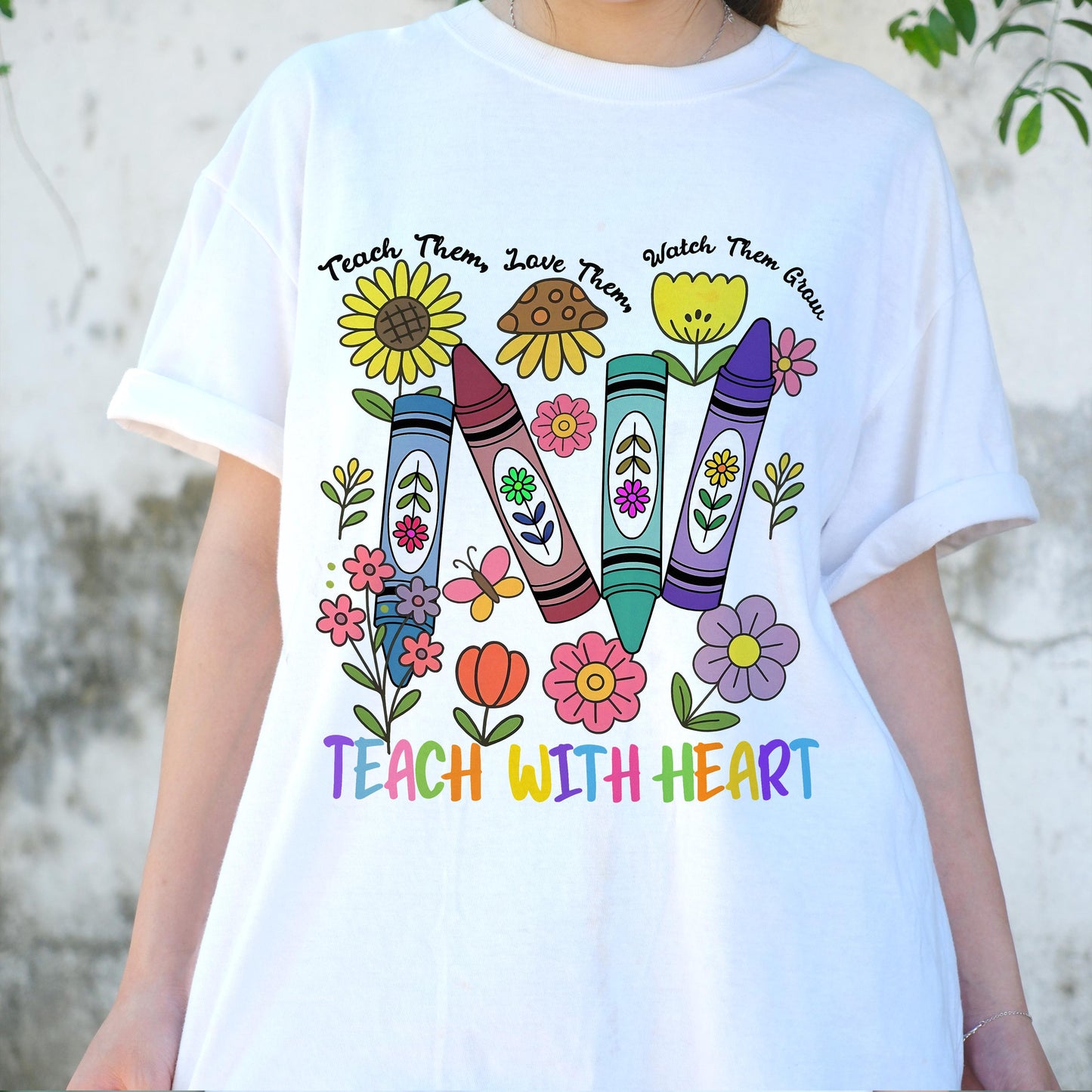 Teach with Heart Shirt, Crayon Floral Teacher T-Shirt, Cute Teacher Gift, Back to School Tee for Women, Teach Them Love Grow Shirt