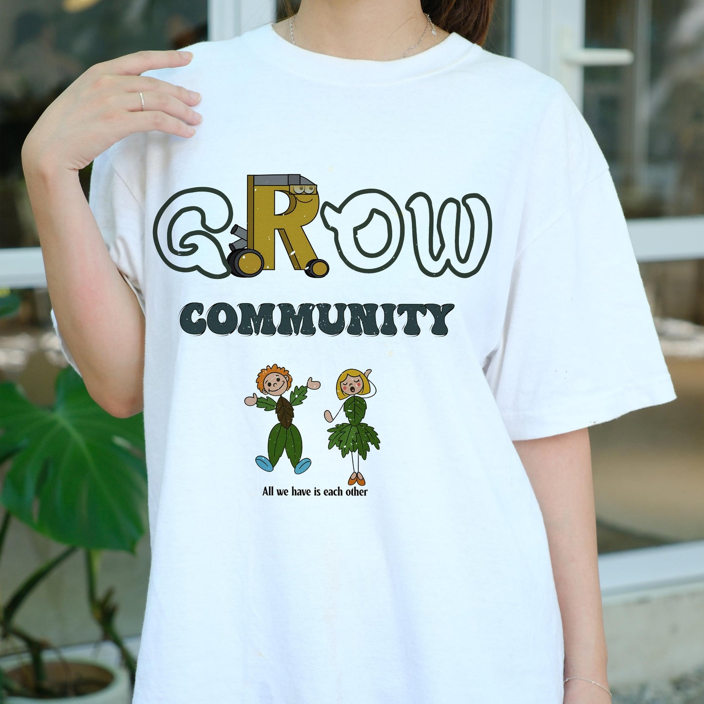 GROW Community Shirt, Cute Eco Friendly Graphic Tee, Nature Lovers T-Shirt, Sustainable Living Message Shirt, Plant People Cartoon Tee