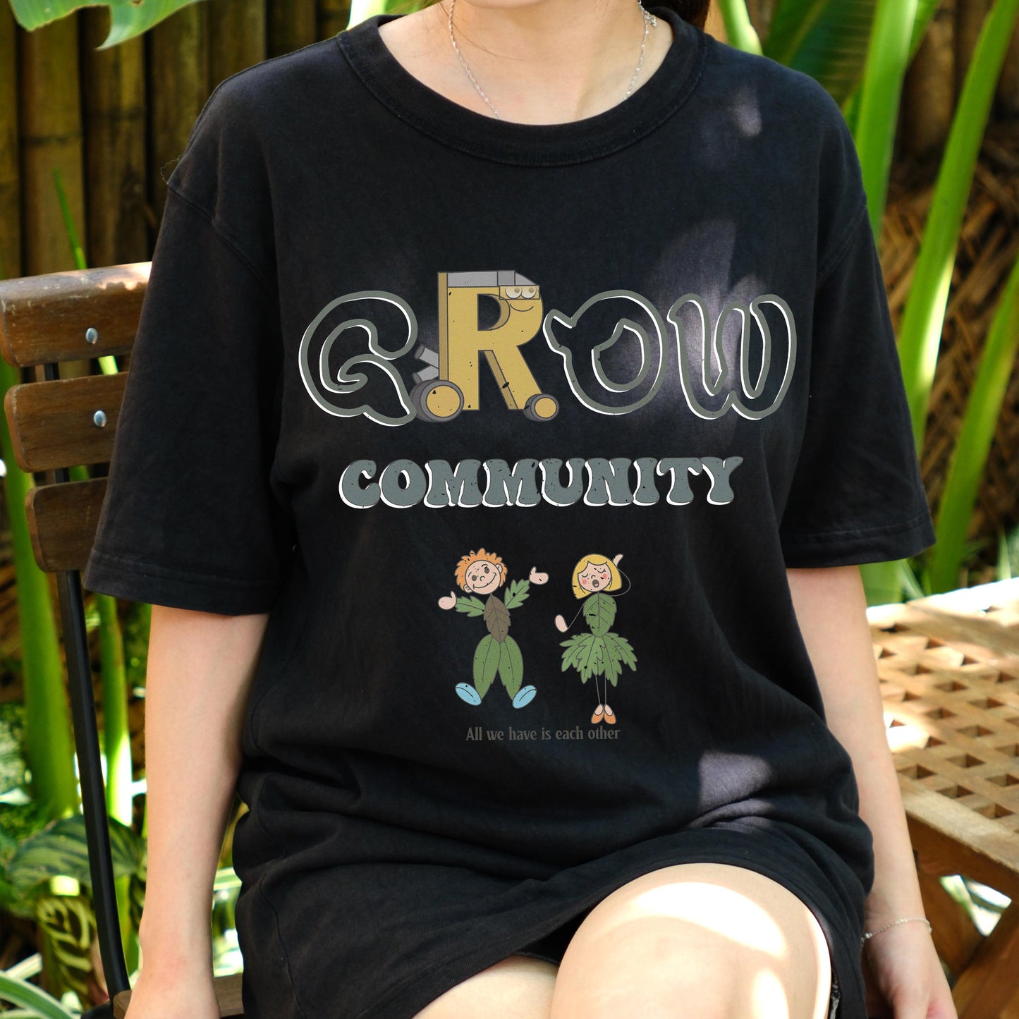 GROW Community Shirt, Cute Eco Friendly Graphic Tee, Nature Lovers T-Shirt, Sustainable Living Message Shirt, Plant People Cartoon Tee