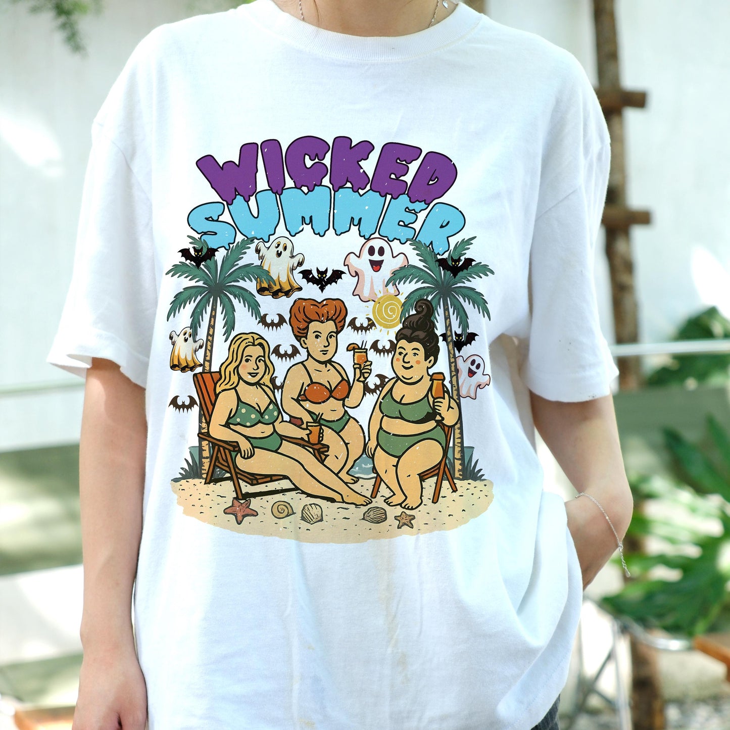 Wicked Summer Shirt, Funny Halloween Beach Tee, Plus Size Witchy Swimsuit Shirt, Spooky Cute Summer T-Shirt, Retro Witch Friends Tee