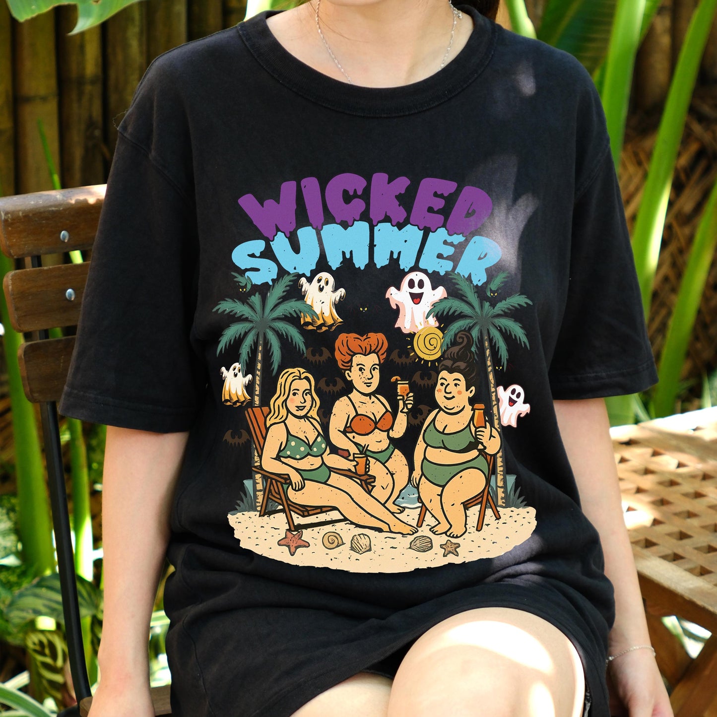 Wicked Summer Shirt, Funny Halloween Beach Tee, Plus Size Witchy Swimsuit Shirt, Spooky Cute Summer T-Shirt, Retro Witch Friends Tee