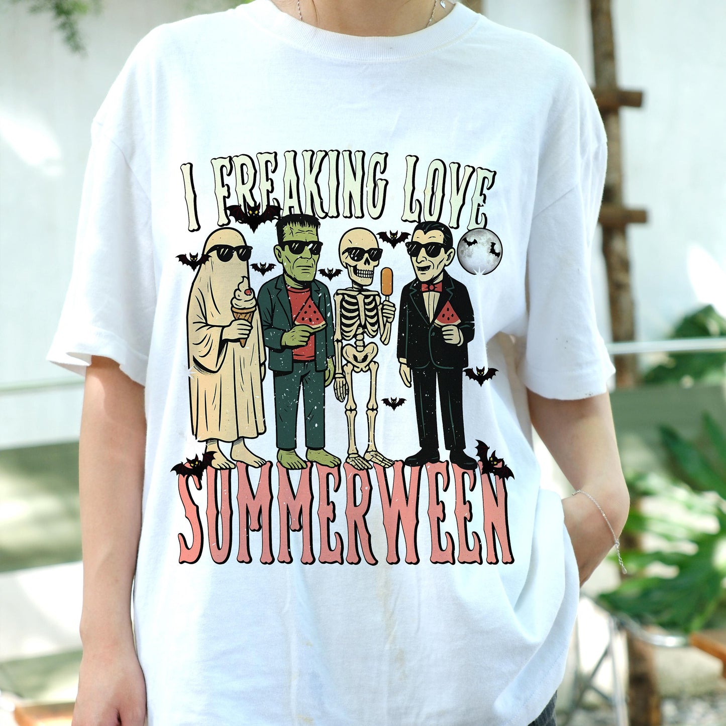 I Freaking Love Summerween Shirt, Funny Halloween Summer Tee, Spooky Monster Beach Shirt, Retro Skeleton Ice Cream T-Shirt, Fallween Vibe