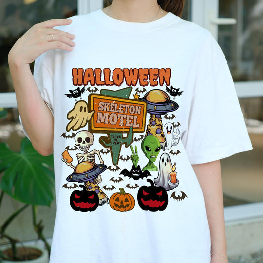 Skeleton Motel Halloween Shirt, Retro Spooky Alien Ghost Tee, Trick or Treat Motel Sign Shirt, Funny Vintage Halloween T-Shirt, UFO Horror