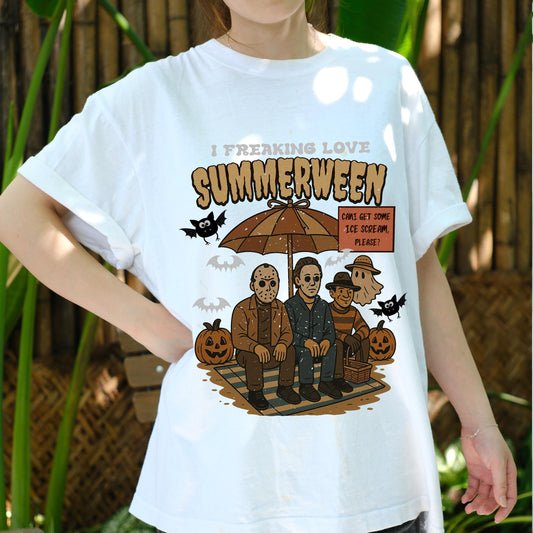 I Freaking Love Summerween Shirt, Funny Horror Character Tee, Halloween in Summer T-Shirt, Retro Slasher Ice Cream Shirt, Spooky Beach Tee
