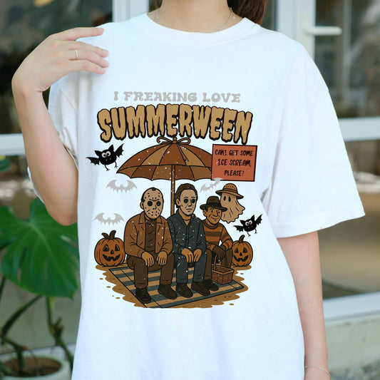 I Freaking Love Summerween Shirt, Funny Horror Character Tee, Halloween in Summer T-Shirt, Retro Slasher Ice Cream Shirt, Spooky Beach Tee