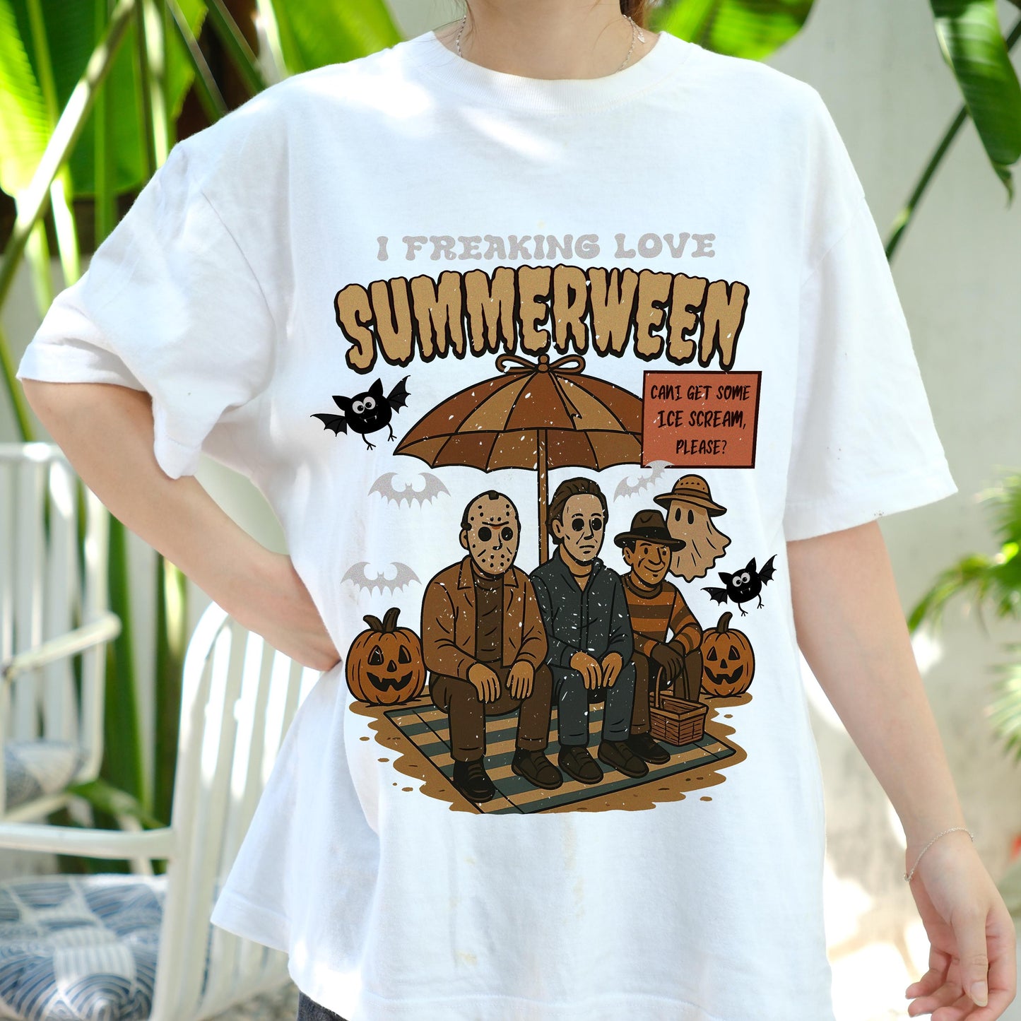 I Freaking Love Summerween Shirt, Funny Horror Character Tee, Halloween in Summer T-Shirt, Retro Slasher Ice Cream Shirt, Spooky Beach Tee