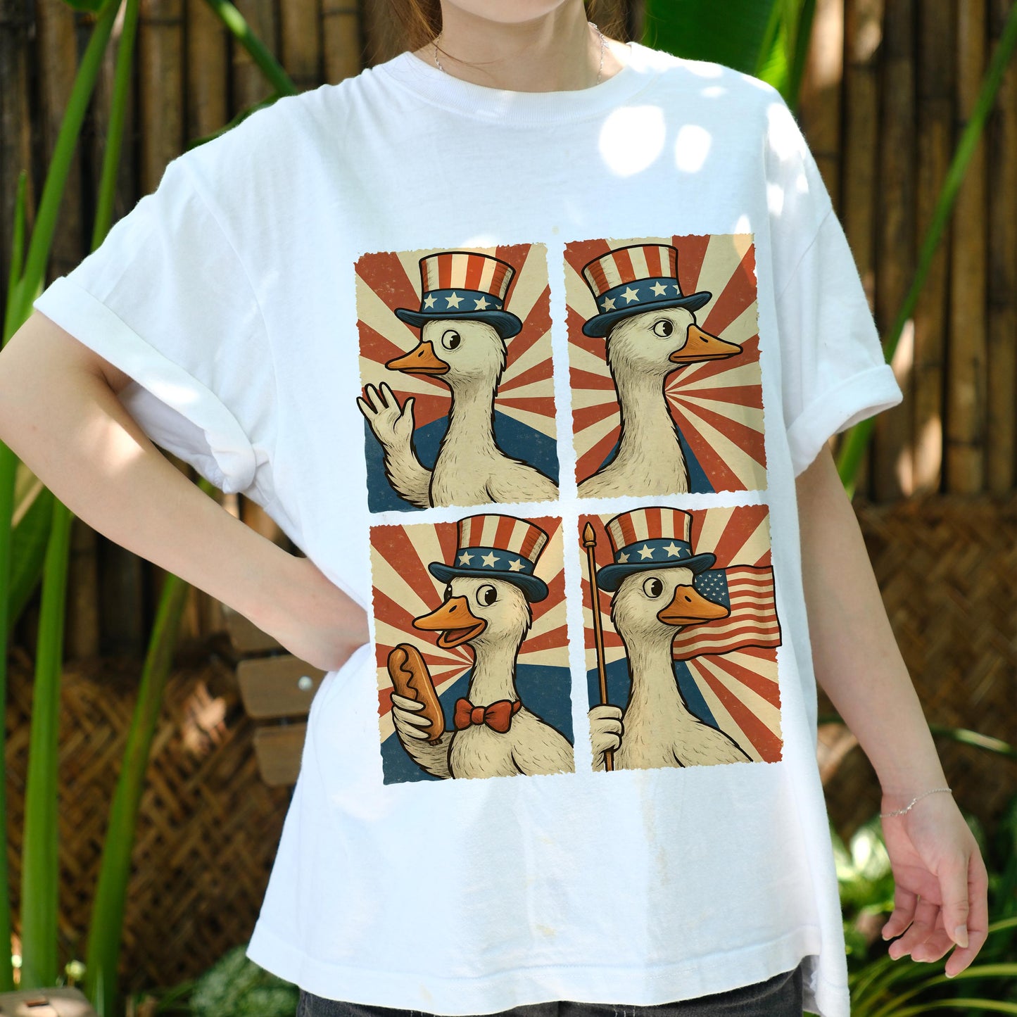 Patriotic Goose Comic Shirt, Funny 4th of July T-Shirt, USA Animal Meme Tee, Vintage Style Goose Art, Independence Day Party Outfit