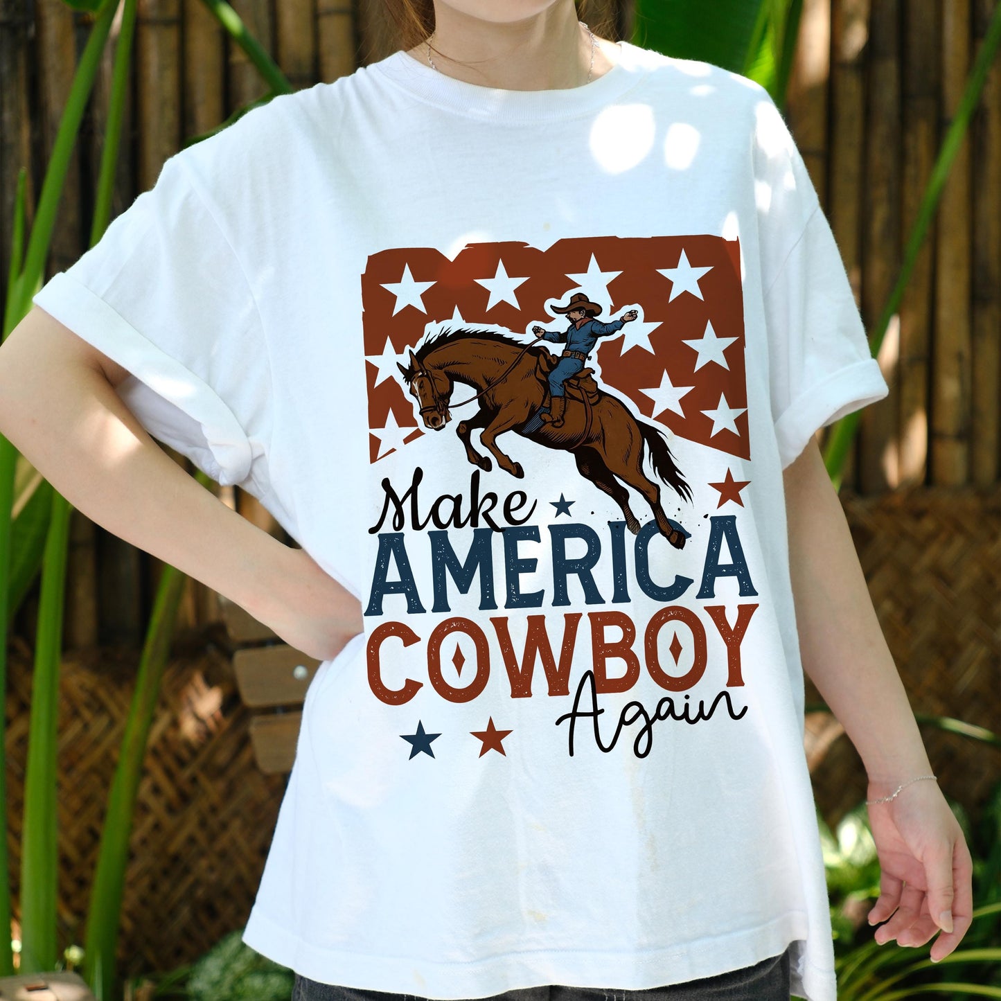 Make America Cowboy Again Shirt, Patriotic Western Tee, Funny 4th of July Rodeo Shirt, USA Country Pride T-Shirt, Rustic Cowboy Gift