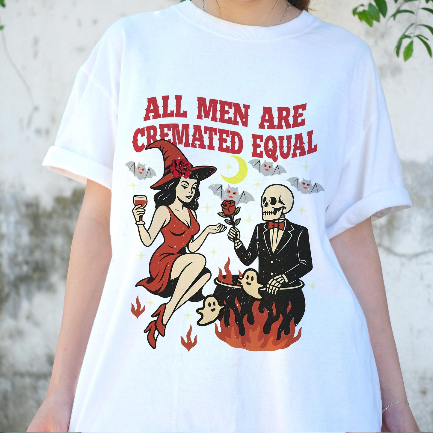 All Men Are Cremated Equal Shirt, Witchy Feminist Dark Humor Tee, Halloween Retro Skeleton T-Shirt, Funny Spooky Girl Power Graphic Tee