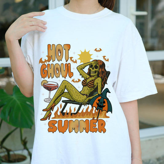 Hot Ghoul Summer Shirt, Spooky Babe Halloween Beach Tee, Funny Sexy Ghoul Graphic T-Shirt, Retro Skeleton Girl Summerween Vibes Top