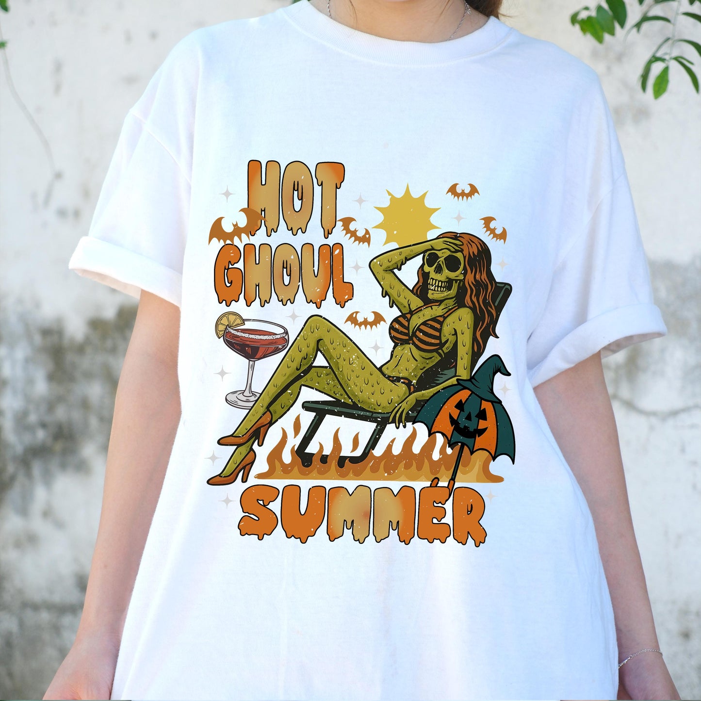 Hot Ghoul Summer Shirt, Spooky Babe Halloween Beach Tee, Funny Sexy Ghoul Graphic T-Shirt, Retro Skeleton Girl Summerween Vibes Top