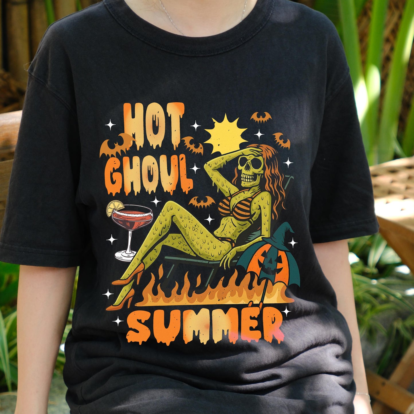 Hot Ghoul Summer Shirt, Spooky Babe Halloween Beach Tee, Funny Sexy Ghoul Graphic T-Shirt, Retro Skeleton Girl Summerween Vibes Top