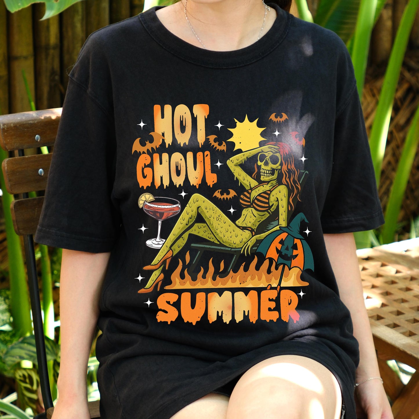 Hot Ghoul Summer Shirt, Spooky Babe Halloween Beach Tee, Funny Sexy Ghoul Graphic T-Shirt, Retro Skeleton Girl Summerween Vibes Top