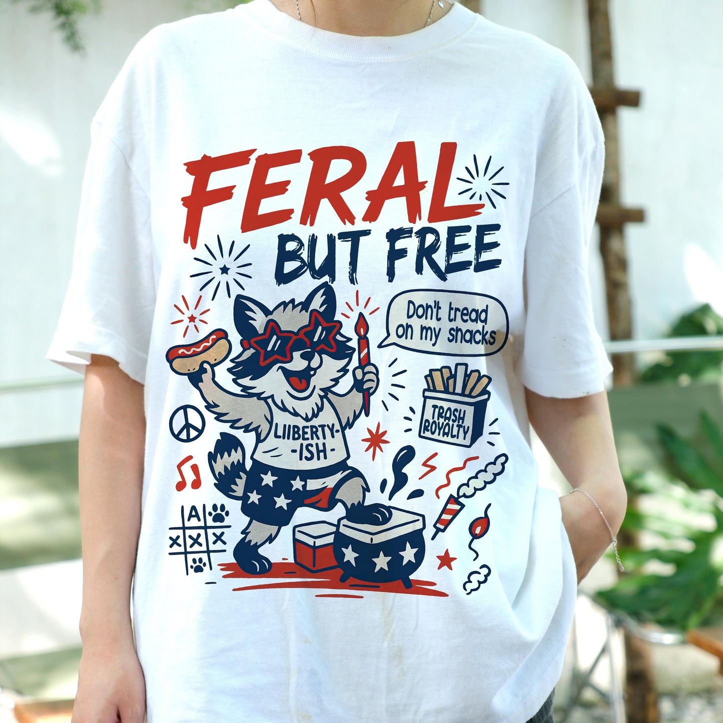 Feral But Free Raccoon Shirt, Funny 4th of July Tee, Patriotic Animal Graphic T-Shirt, Liberty-ish USA Meme Shirt, Independence Day Outfit