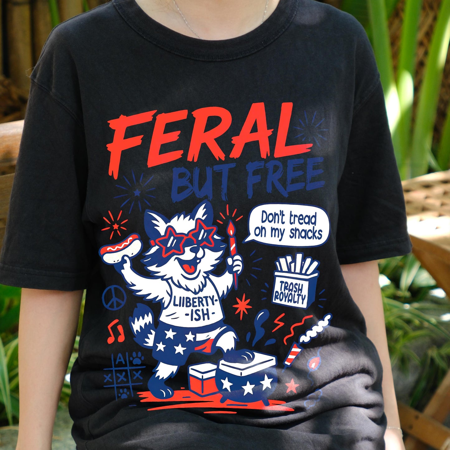 Feral But Free Raccoon Shirt, Funny 4th of July Tee, Patriotic Animal Graphic T-Shirt, Liberty-ish USA Meme Shirt, Independence Day Outfit